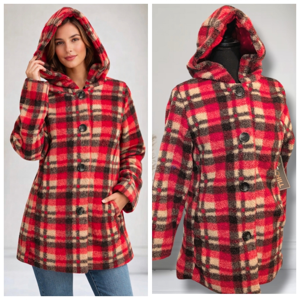 Boucle Plaid Teddy Coat - Red Charcoal Tan Checkered